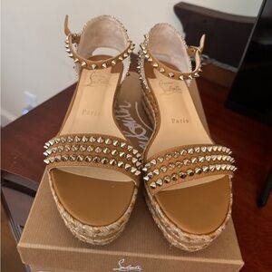 Christian Louboutin Madmonica 60 Leather & Fabric Tan Gold Espadrille Sandals